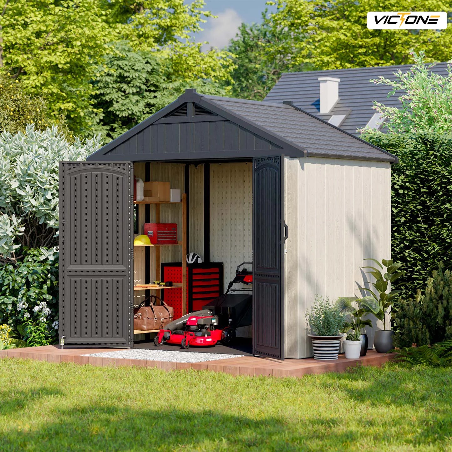 Victone 8' x 6' Plastic Outdoor Storage Shed with Floor, Window and Lockable Door for your Garden,