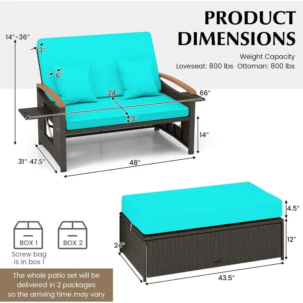 Outdoor willow sofa bed, folding panel, storage stool with comfortable cushion, sun lounge chair on backyard porch