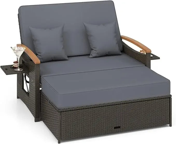 Outdoor willow sofa bed, folding panel, storage stool with comfortable cushion, sun lounge chair on backyard porch
