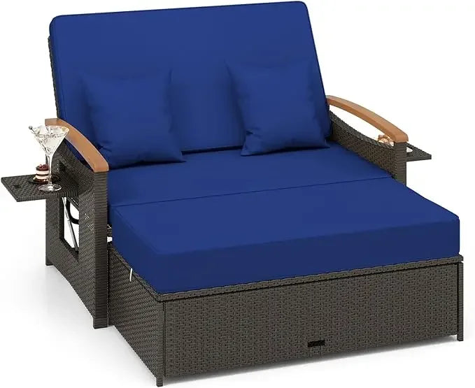 Outdoor willow sofa bed, folding panel, storage stool with comfortable cushion, sun lounge chair on backyard porch