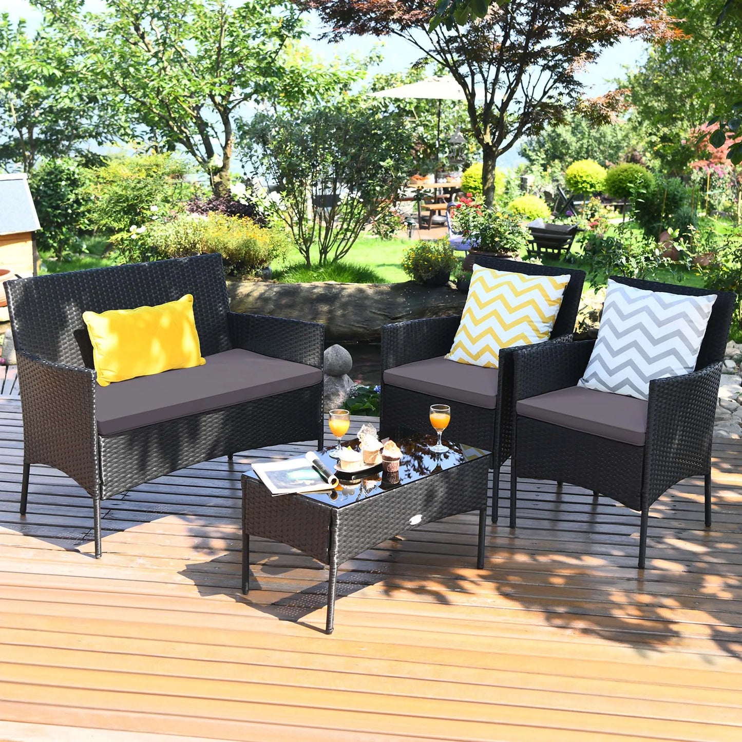 4PCS Patio Cushioned Sofa Furniture Set with Coffee Table