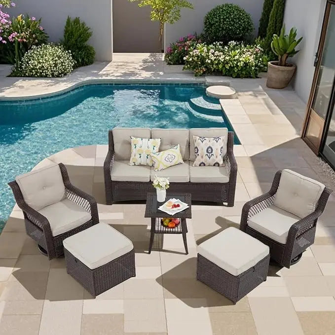 6 Pieces Patio Furniture Set with Swivel Chair for Backyard and Garden