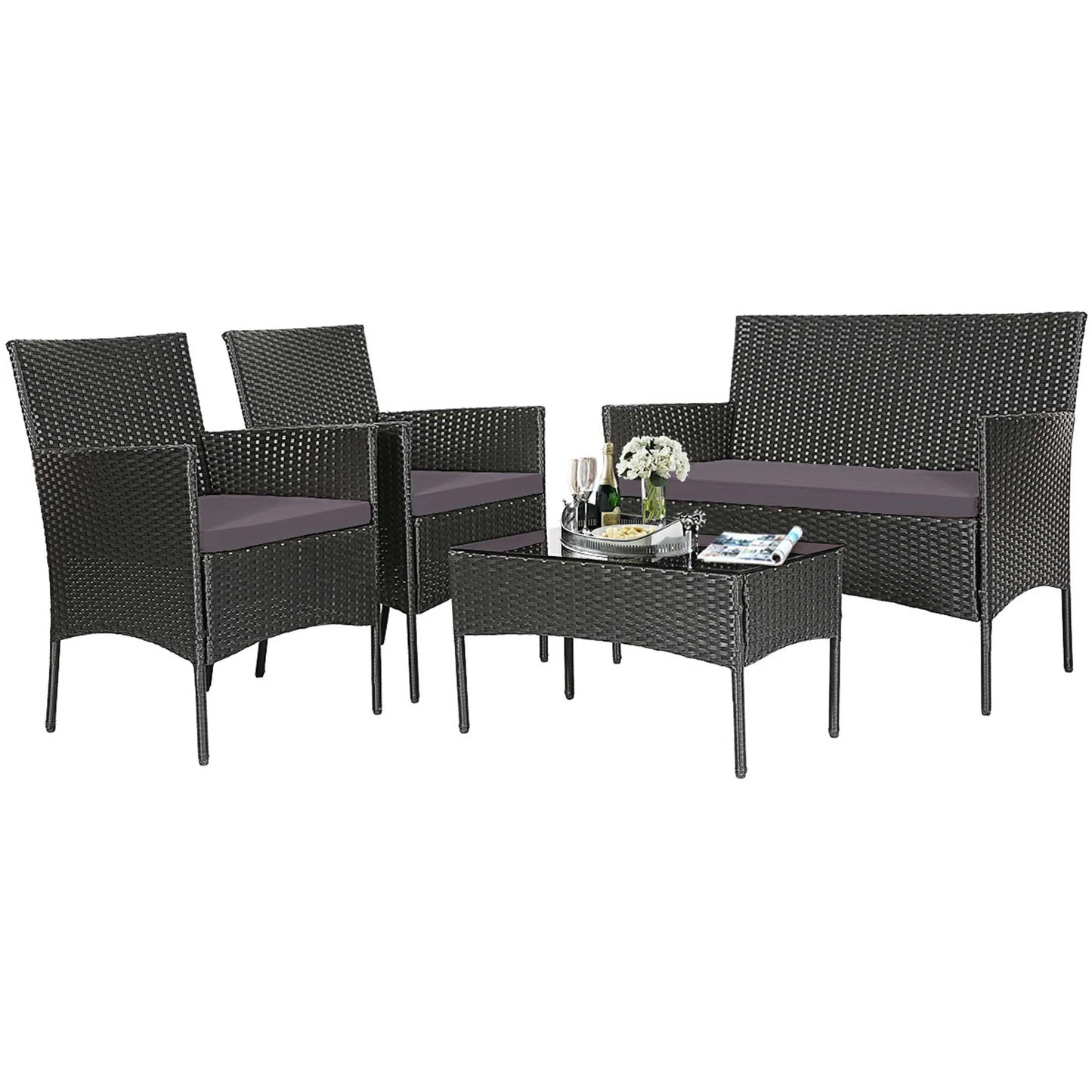4PCS Patio Cushioned Sofa Furniture Set with Coffee Table