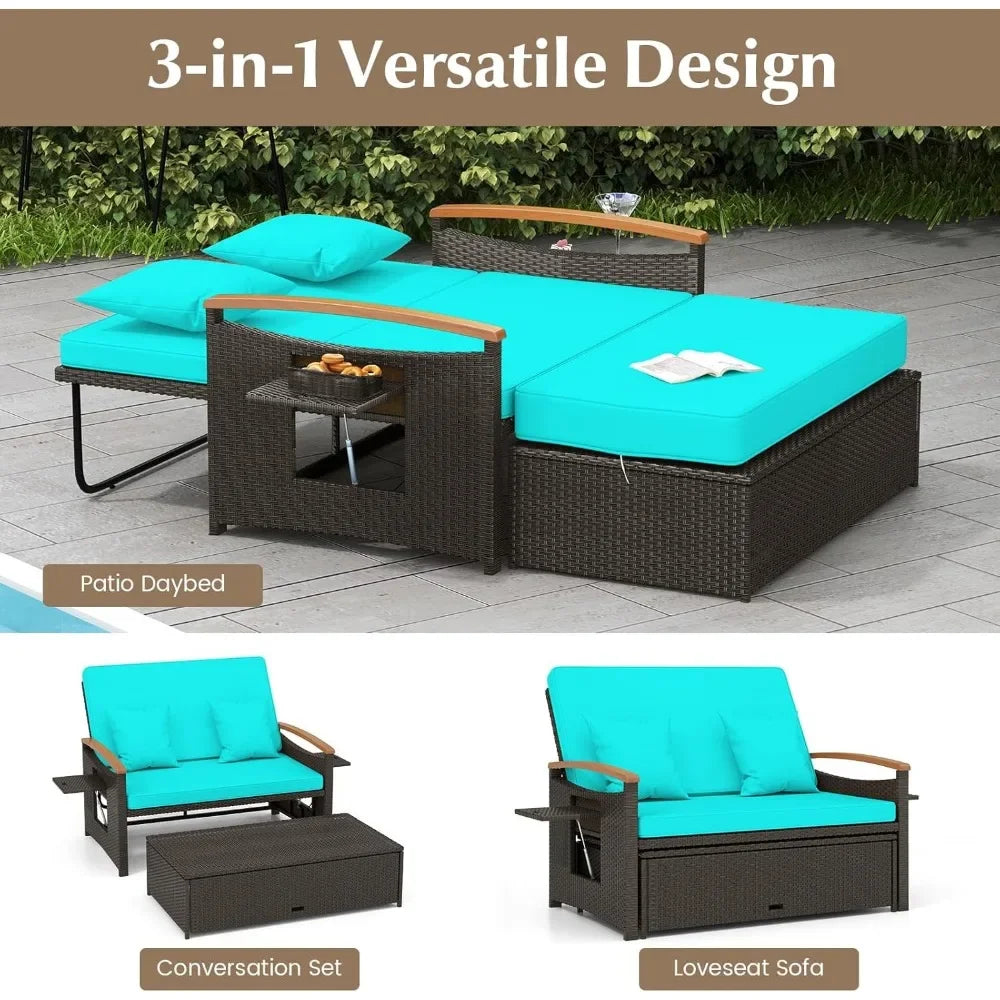 Outdoor willow sofa bed, folding panel, storage stool with comfortable cushion, sun lounge chair on backyard porch