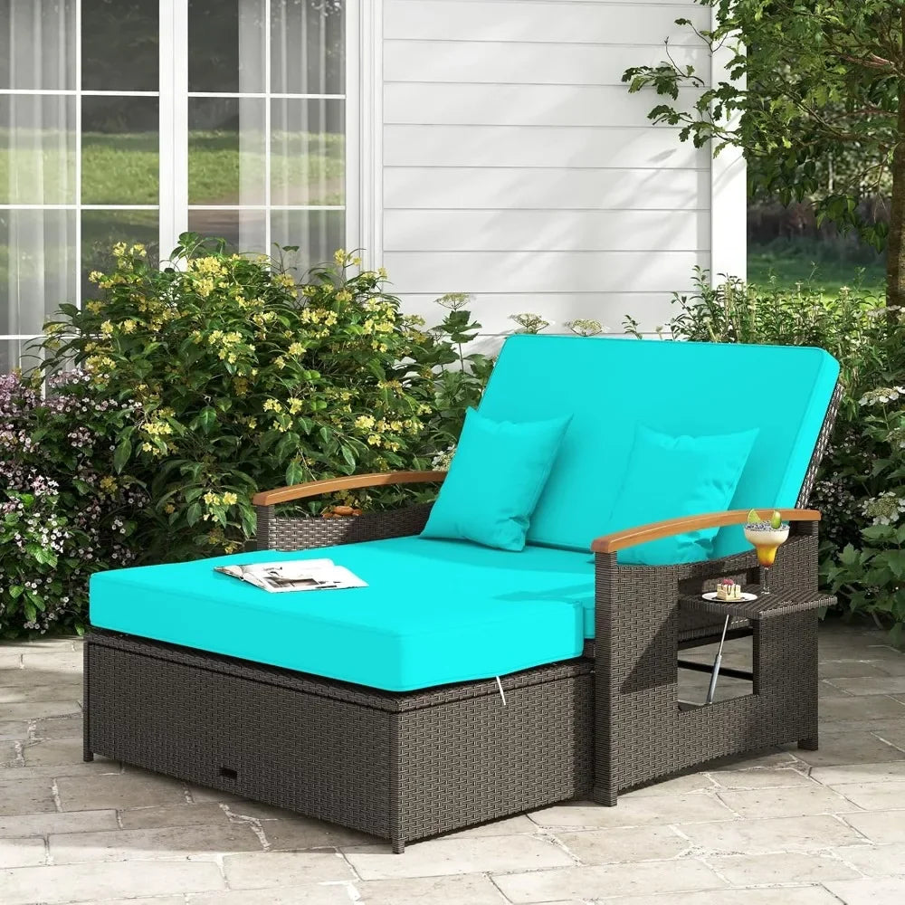 Outdoor willow sofa bed, folding panel, storage stool with comfortable cushion, sun lounge chair on backyard porch