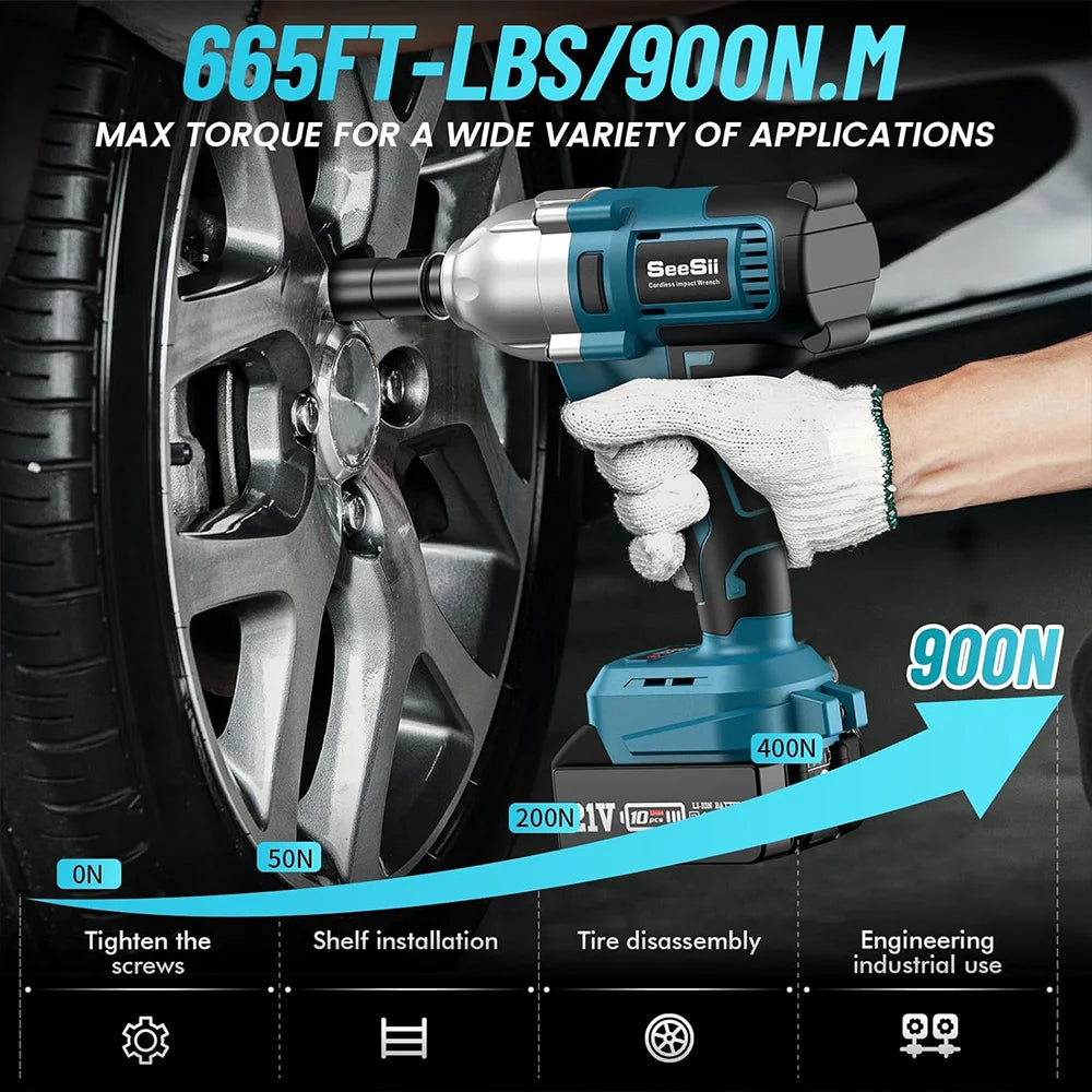SEESII Impact Wrench 1/2'' 900N.m Brushless Electric Wrench Cordless High Torque Gun Car Home Power Tools for Makita 18V Battery