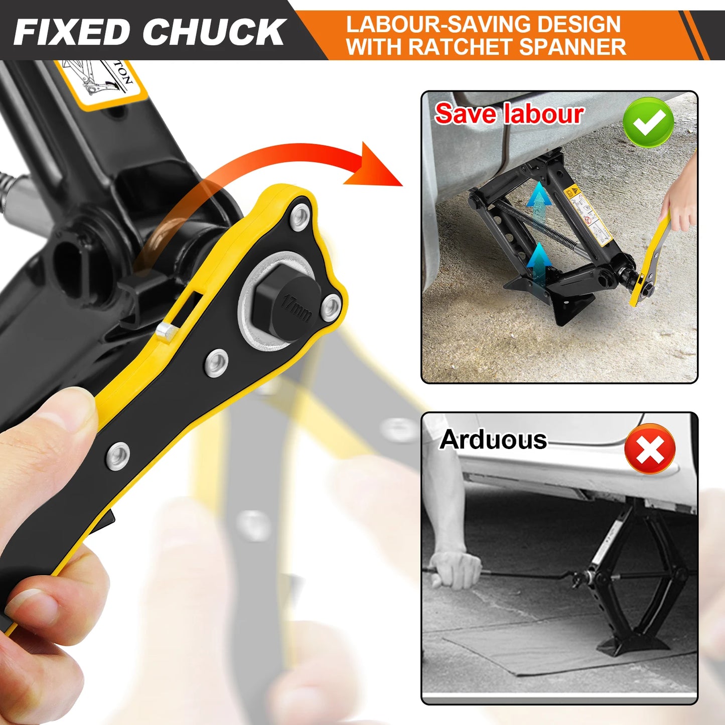 Car Scissor Jack 2T Repair & Tire Replacement Tool with Wrench
