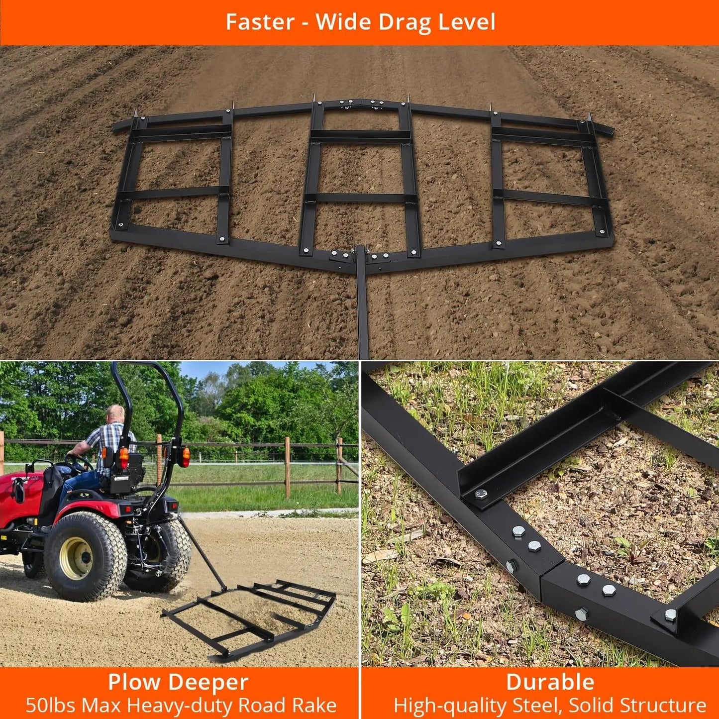 74" Width Driveway Drag Heavy Duty Steel Grader for ATV UTV and Garden Lawn