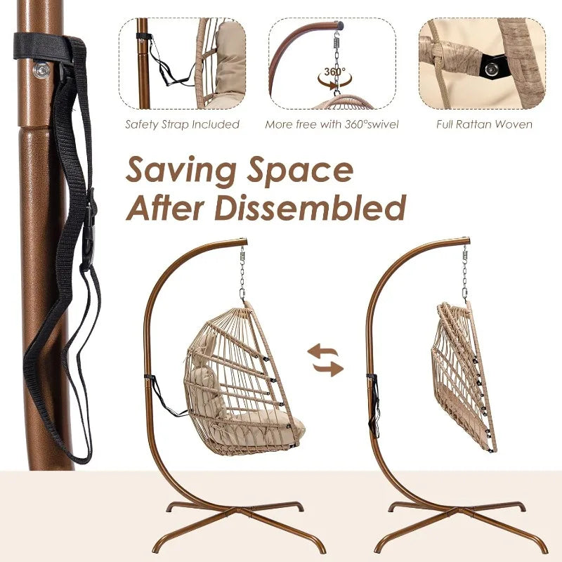 Outdoor home.Hanging Egg Swinging Chair for Indoor Bedroom Patio Garden 350lbs Capacity (Beige)