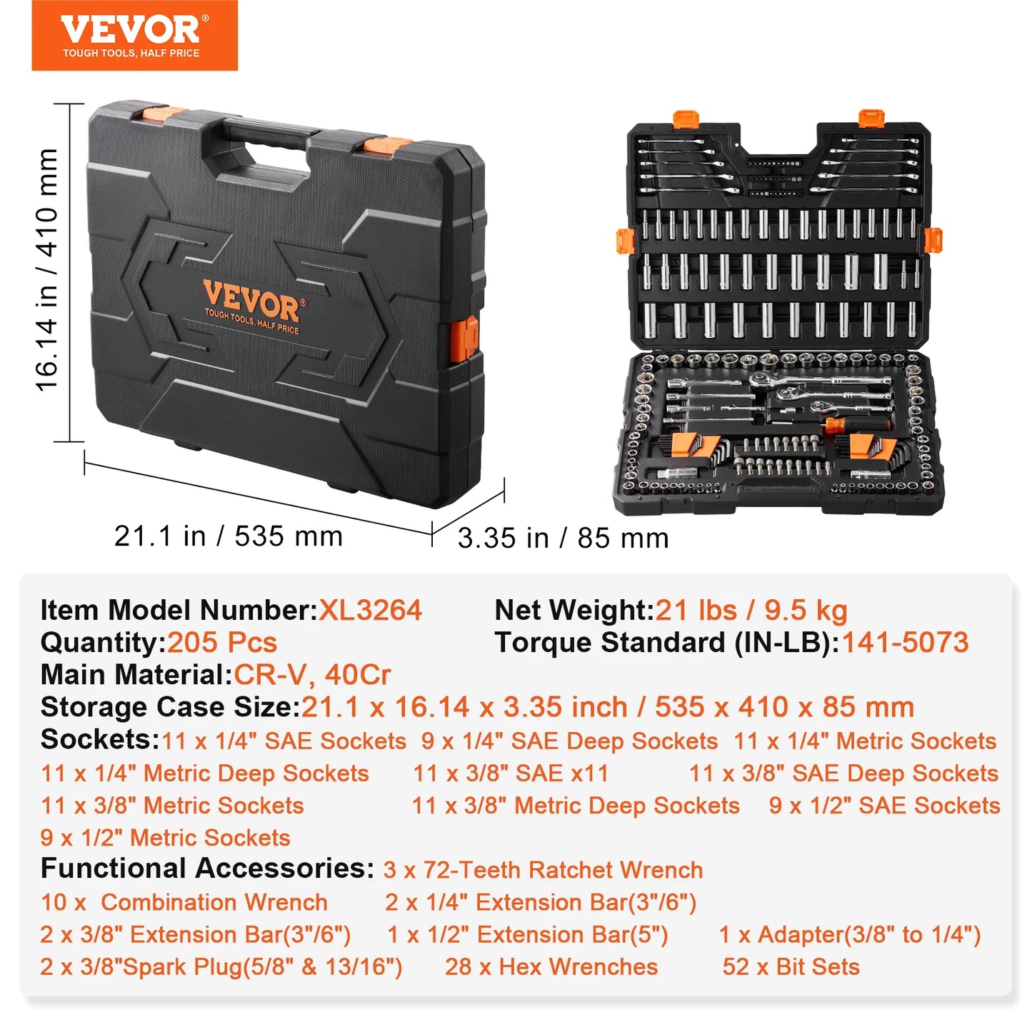 45/205 Pcs SAE and Metric Mechanic Tool Kit with Bits