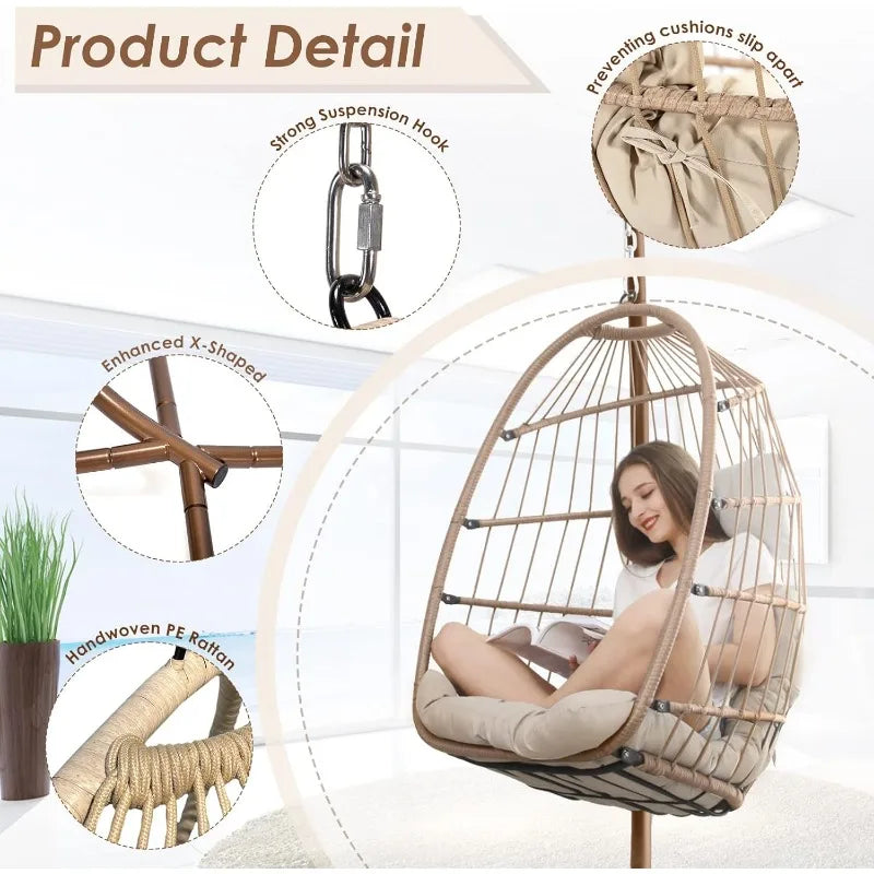 Outdoor home.Hanging Egg Swinging Chair for Indoor Bedroom Patio Garden 350lbs Capacity (Beige)