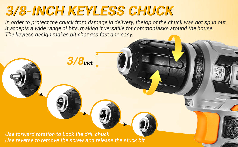 DEKO 12V Power Battery Cordless Drill Set with 3/8-inch Keyless Chuck