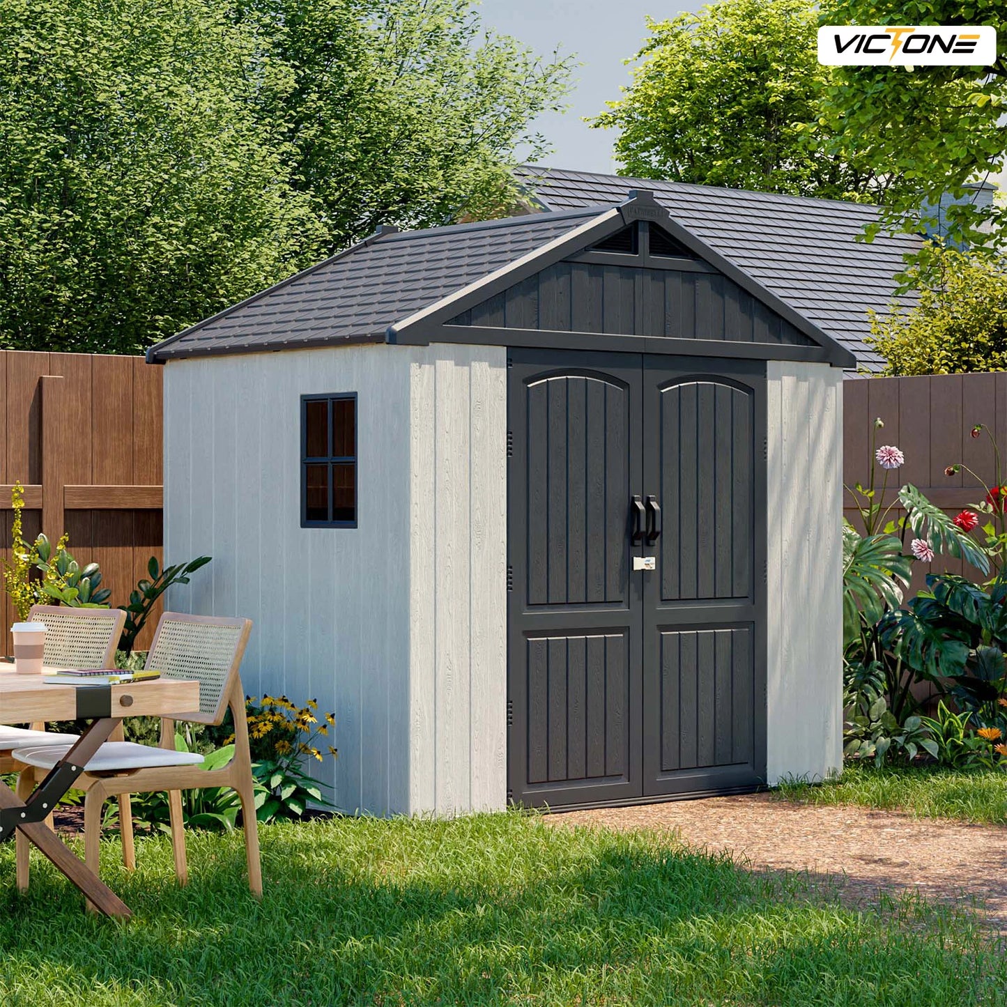 Victone 8' x 6' Plastic Outdoor Storage Shed with Floor, Window and Lockable Door for your Garden,