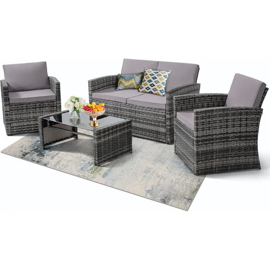 4 Piece Patio Parlor Set, Outdoor Rattan Sectional Sofa with Cushions