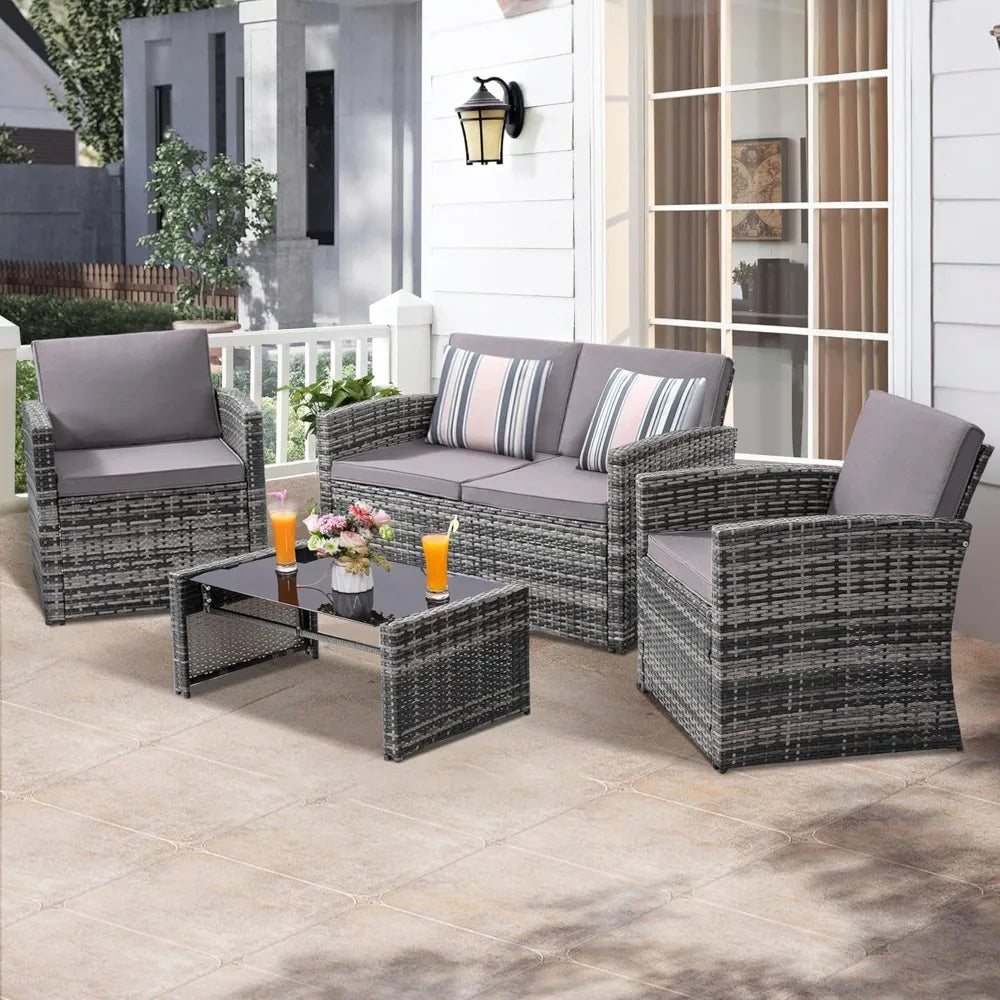 4 Piece Patio Parlor Set, Outdoor Rattan Sectional Sofa with Cushions