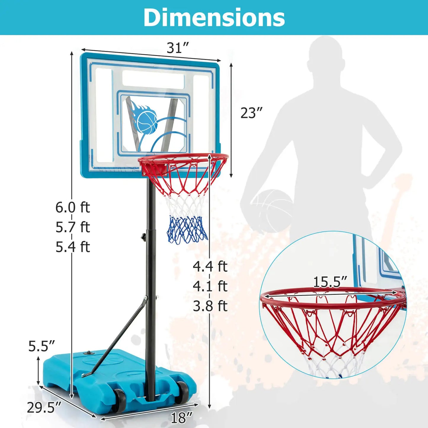 Pool Basketball Hoop 3.8-4.4 FT Adjustable