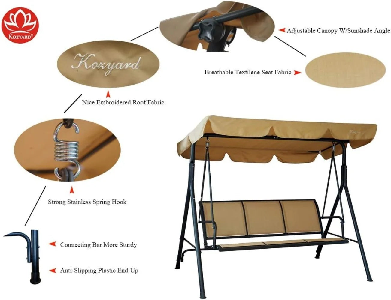 3-Person Armrest Seat, Canopy Porch Swing w/Adjustable Shading for Backyard,