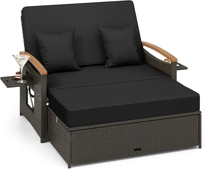 Outdoor willow sofa bed, folding panel, storage stool with comfortable cushion, sun lounge chair on backyard porch