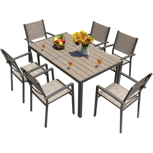 Patio Dining Set 7 Pieces Outdoor Large Table and 6 Textilene Chairs