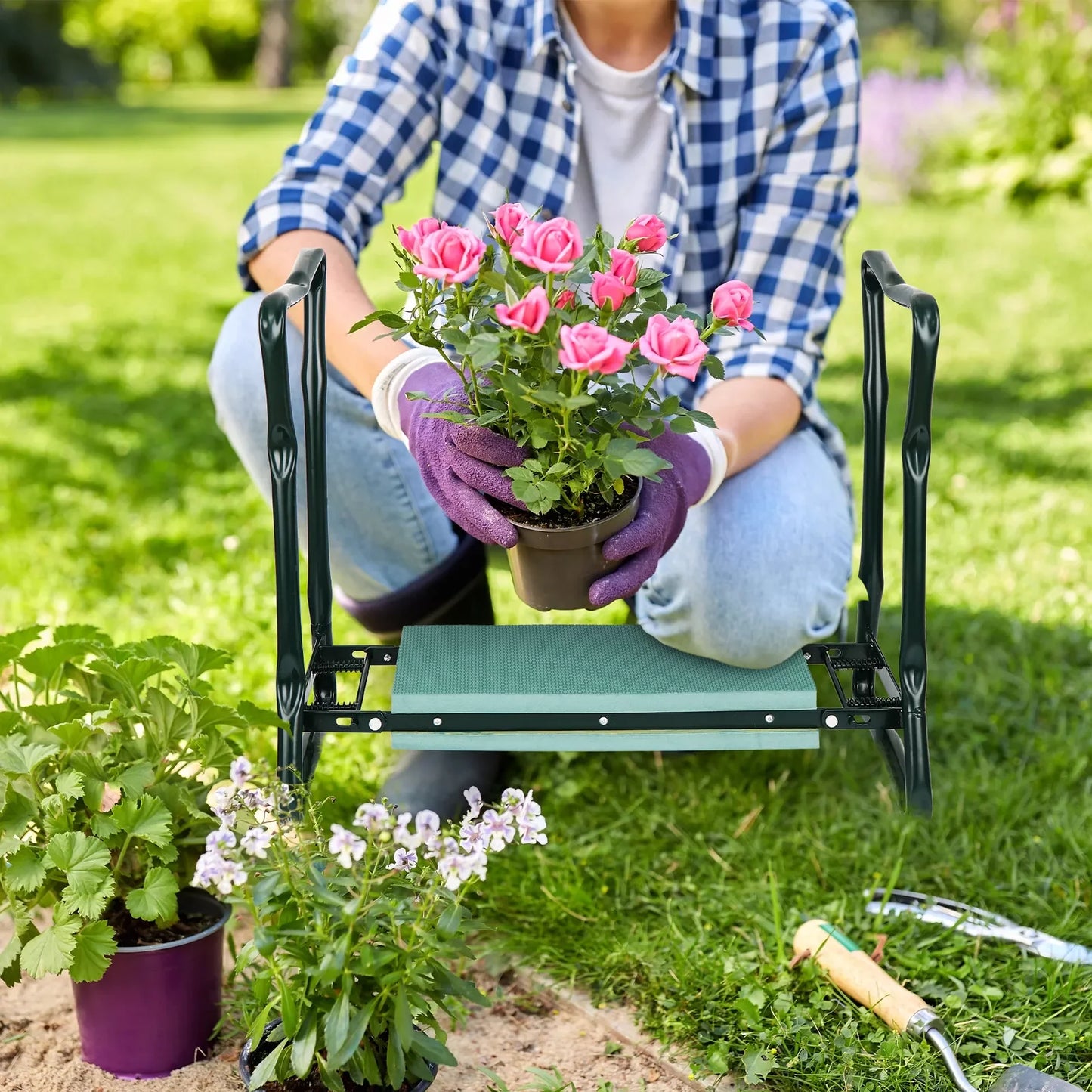 Foldable Garden Kneeler Kneeling Bench Stool Soft Cushion Seat Pad & Tool Pouch