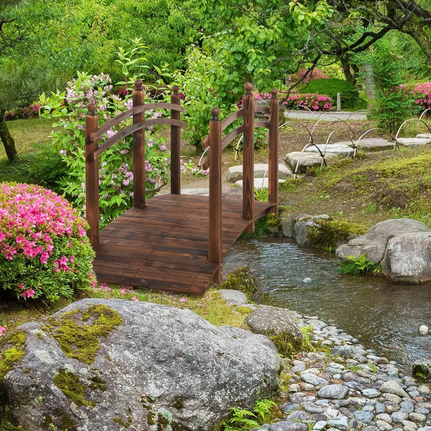 US 7.5' Fir Wood Garden Bridge Arc Walkway with Side Railings, Perfect for Backyards