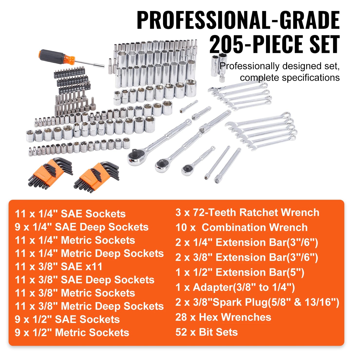 45/205 Pcs SAE and Metric Mechanic Tool Kit with Bits