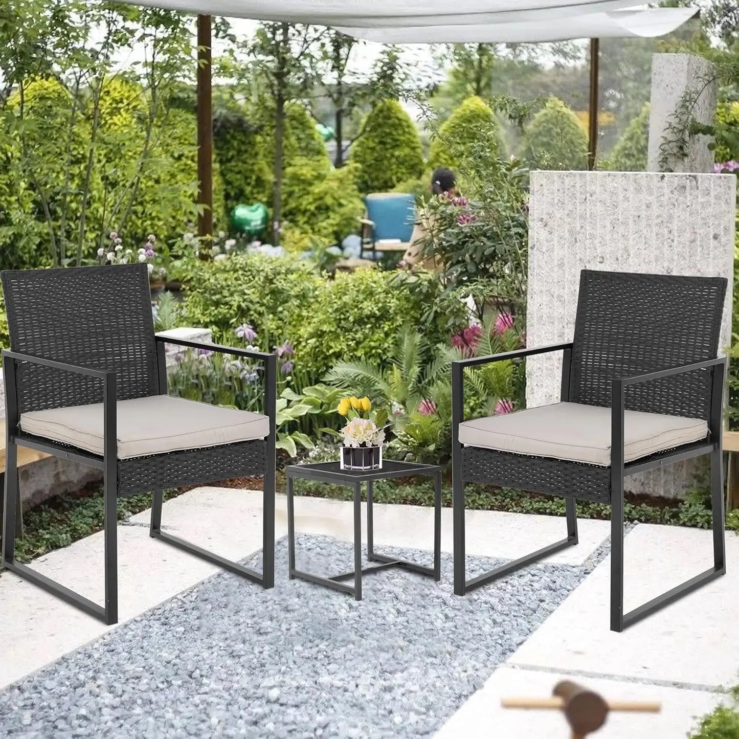 3 Piece Patio Outdoor Furniture Bistro Set with Coffee Table for Backyard Porch Poolside