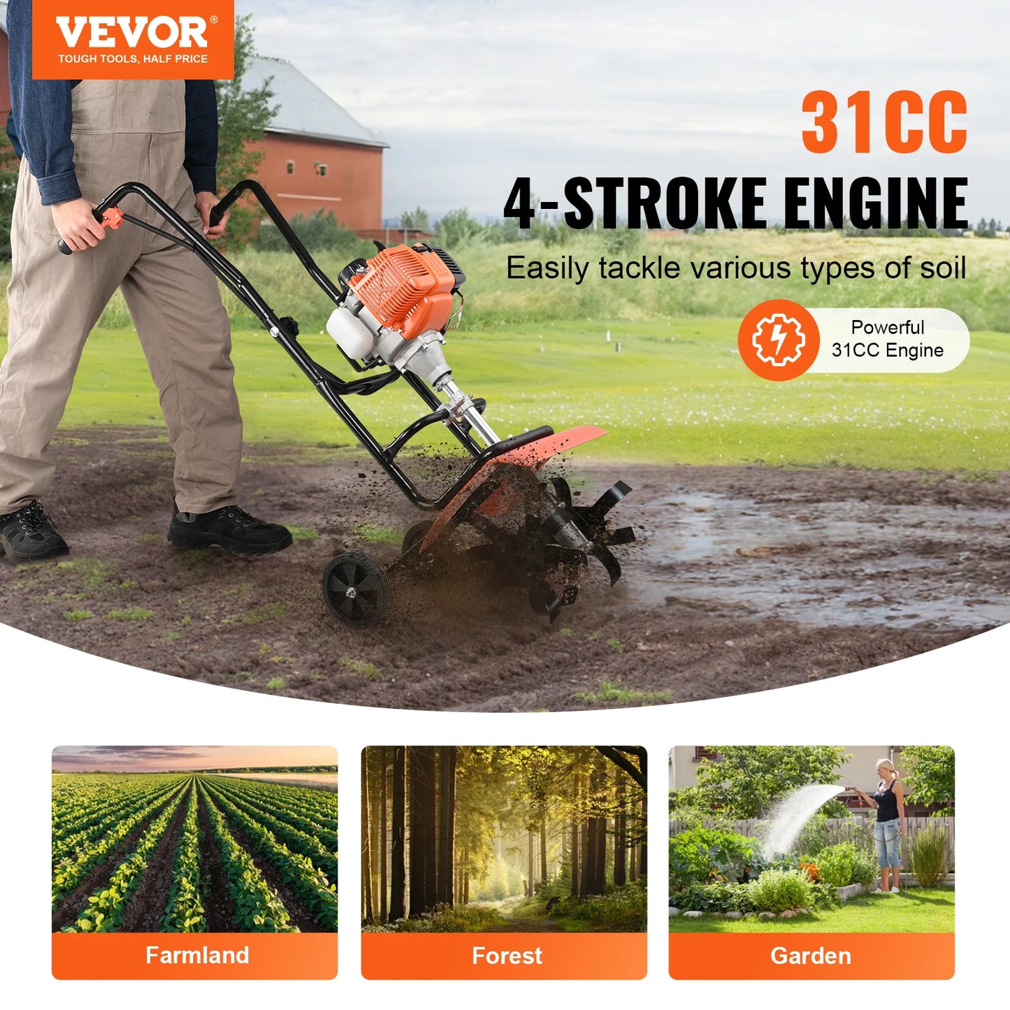 31CC 4-Stroke Garden Tiller / Cultivator for Lawn, Garden and Field Cultivation
