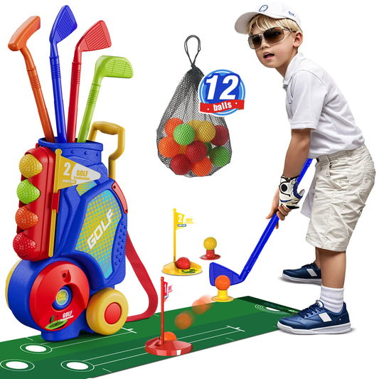 Kids Golf Clubs with 12 Balls, Putting Mat, Shoulder Strap