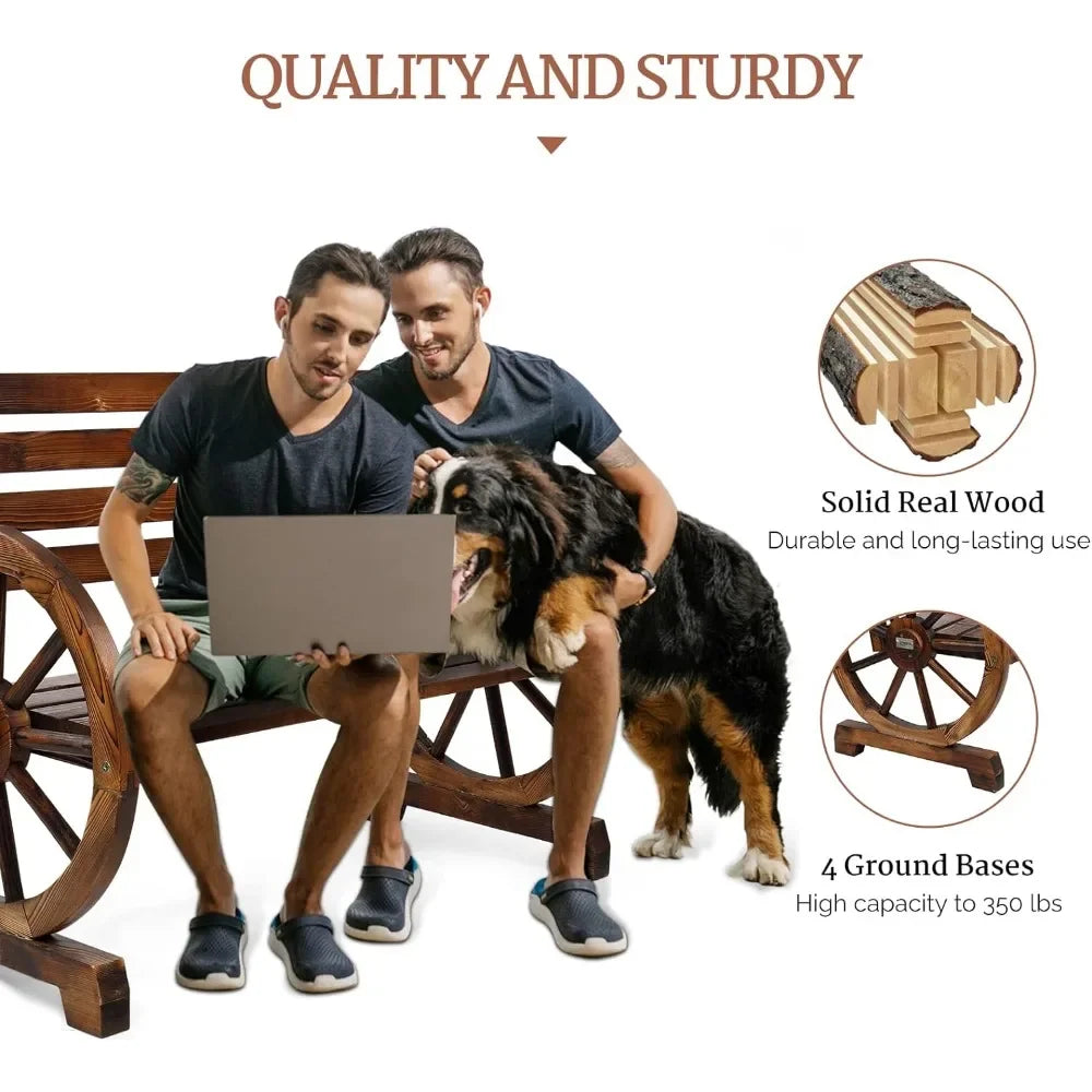 41" Rustic Wooden Wheel Bench Outdoor Bench