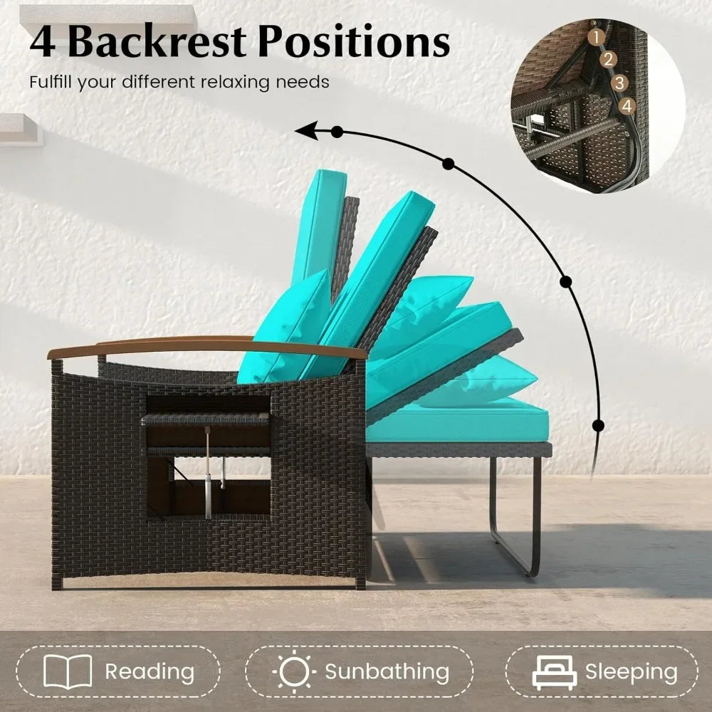 Outdoor willow sofa bed, folding panel, storage stool with comfortable cushion, sun lounge chair on backyard porch