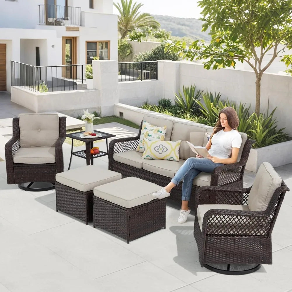 6 Pieces Patio Furniture Set with Swivel Chair for Backyard and Garden
