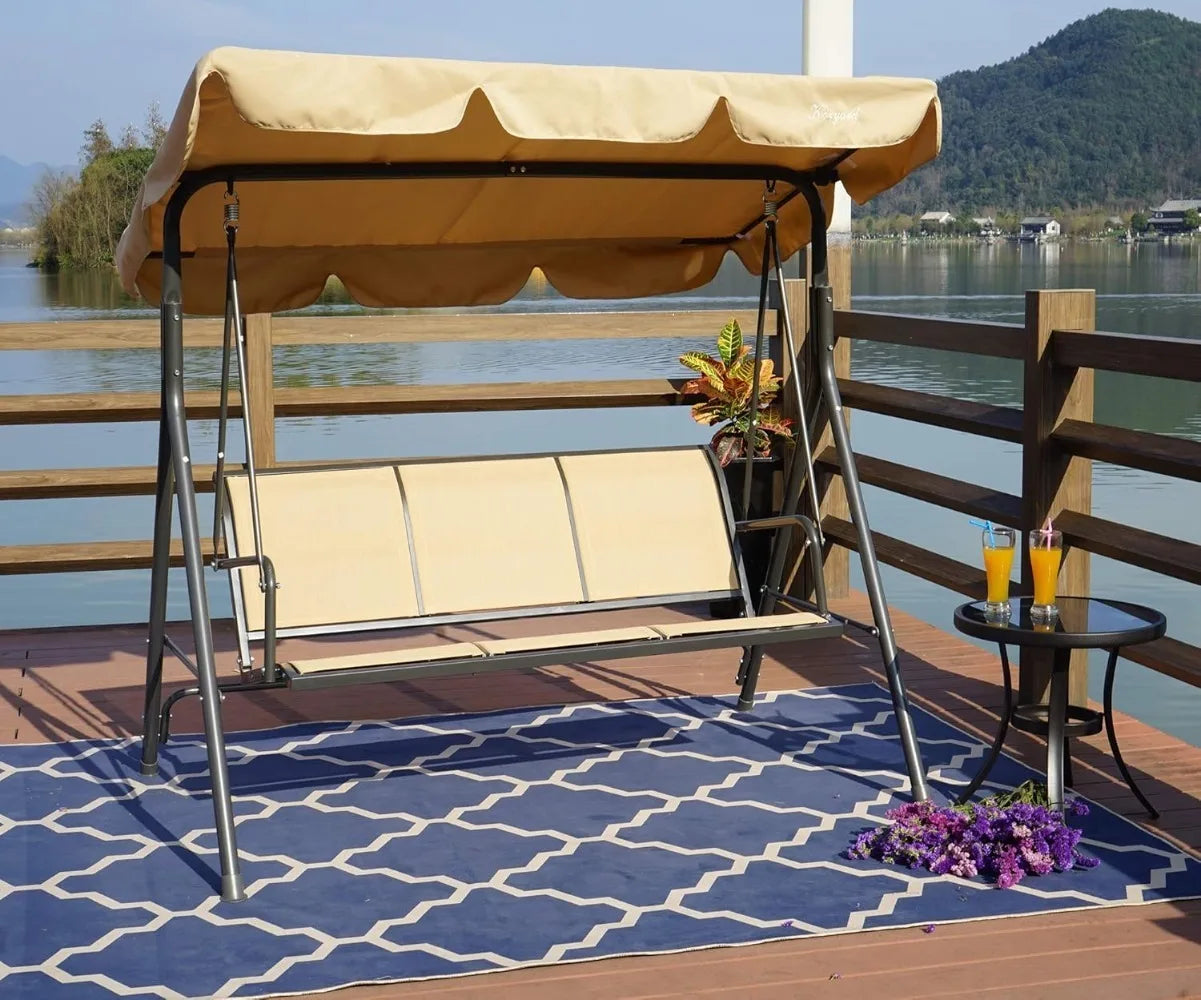 3-Person Armrest Seat, Canopy Porch Swing w/Adjustable Shading for Backyard,