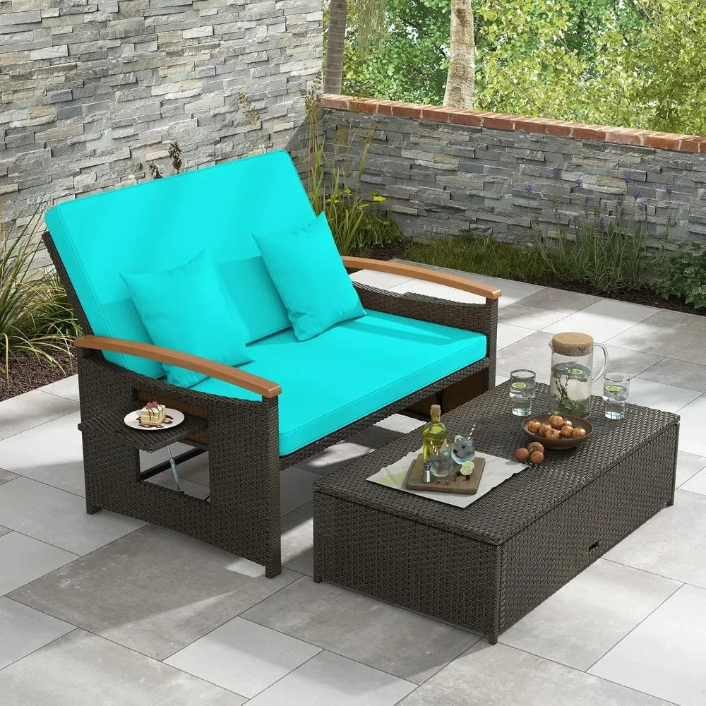 Outdoor willow sofa bed, folding panel, storage stool with comfortable cushion, sun lounge chair on backyard porch