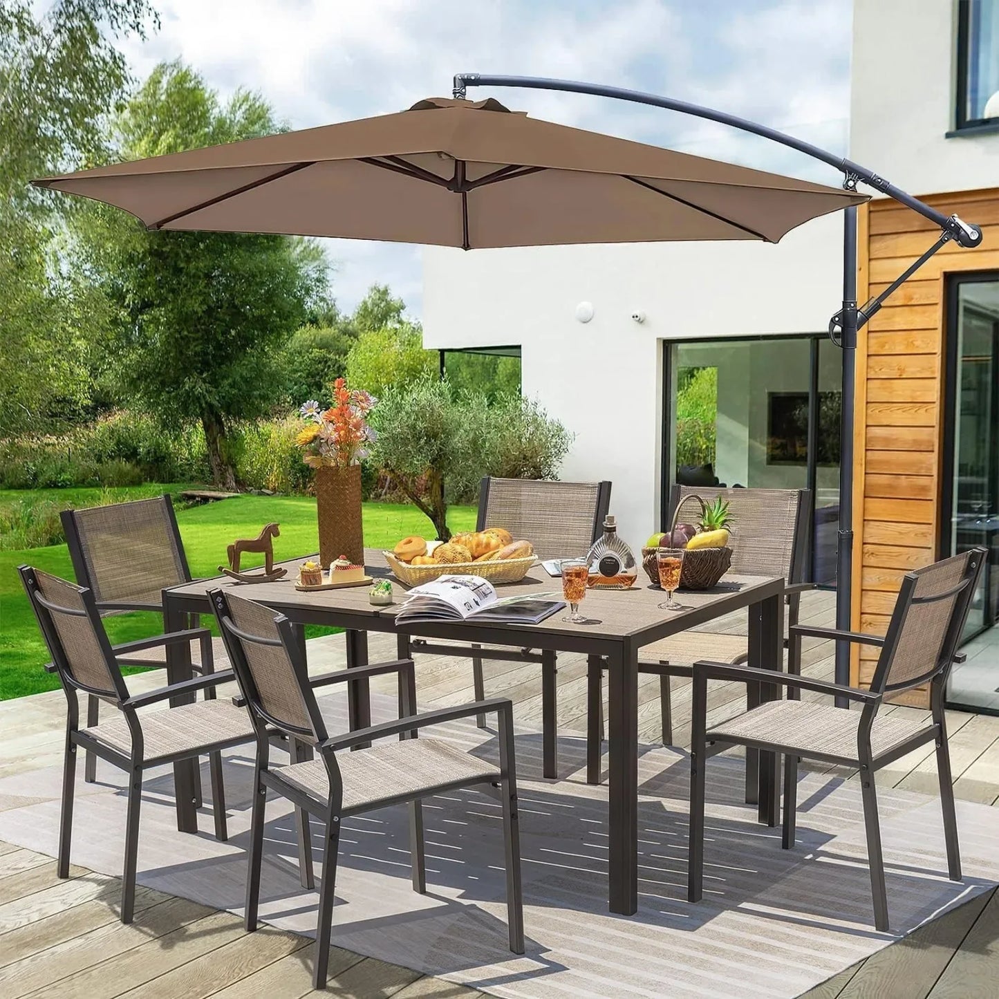 Patio Dining Set 7 Pieces Outdoor Large Table and 6 Textilene Chairs