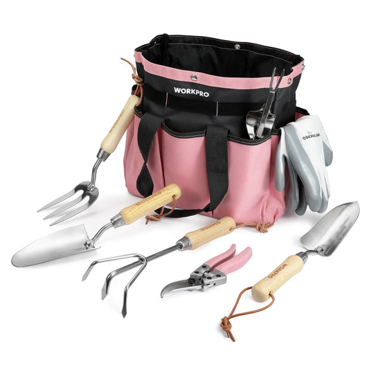 8-Piece Pink Garden Tool Set, Stainless Steel Gardening Tools with Wood Handle