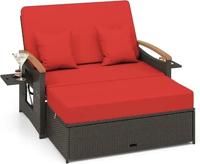 Outdoor willow sofa bed, folding panel, storage stool with comfortable cushion, sun lounge chair on backyard porch