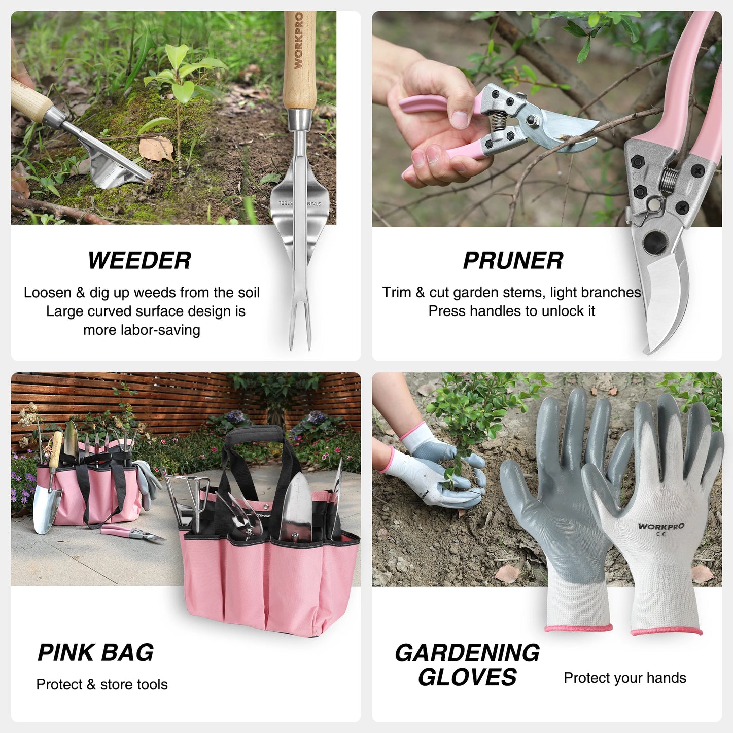 8-Piece Pink Garden Tool Set, Stainless Steel Gardening Tools with Wood Handle