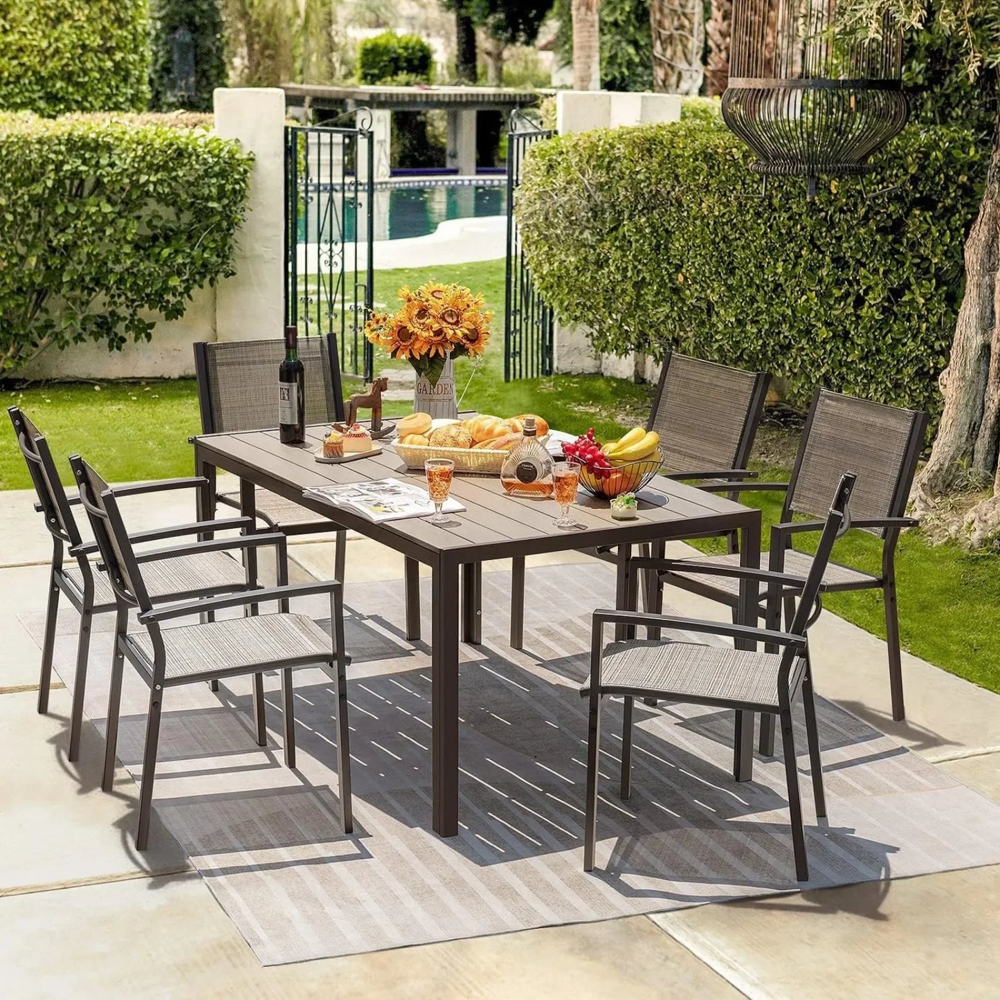 Patio Dining Set 7 Pieces Outdoor Large Table and 6 Textilene Chairs