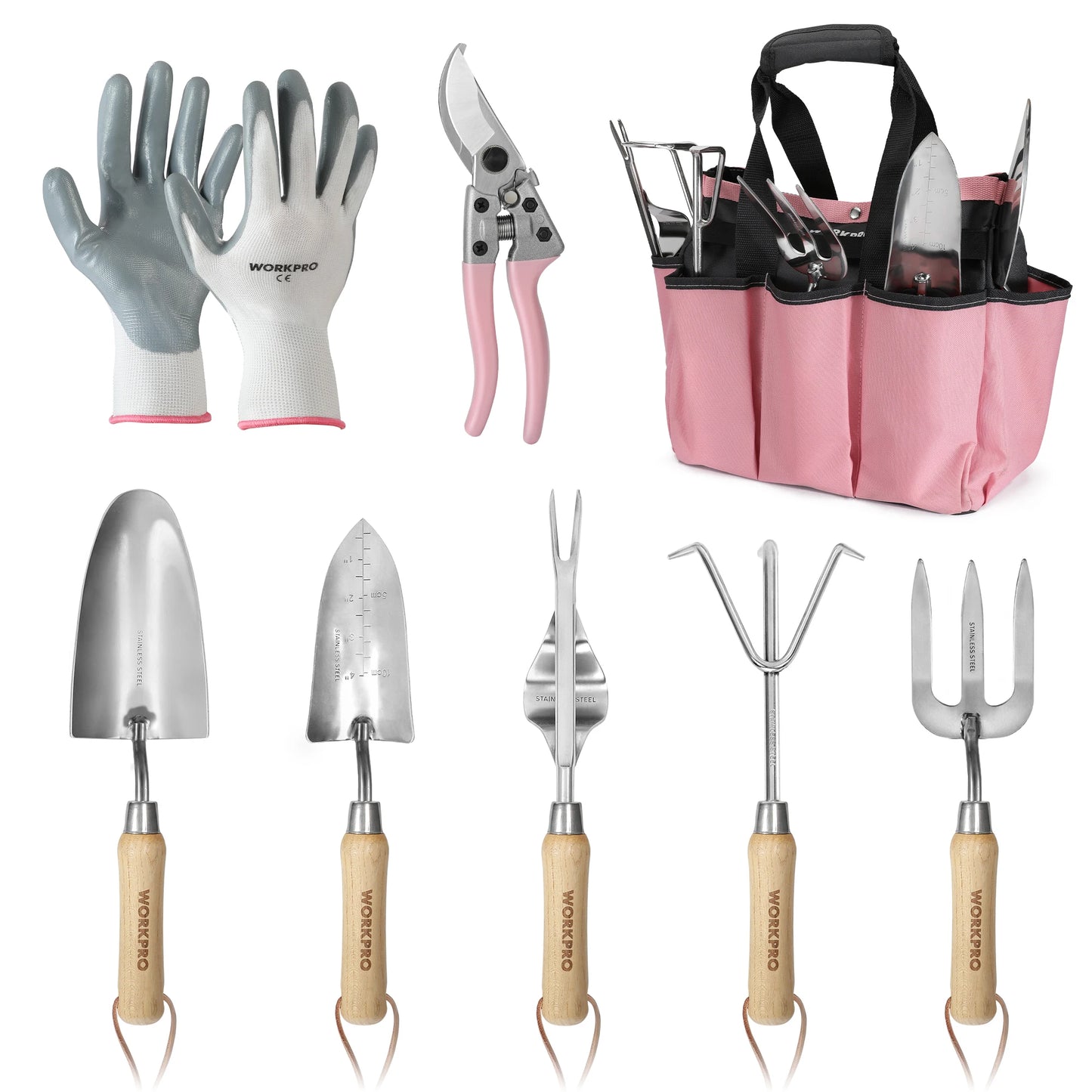 8-Piece Pink Garden Tool Set, Stainless Steel Gardening Tools with Wood Handle