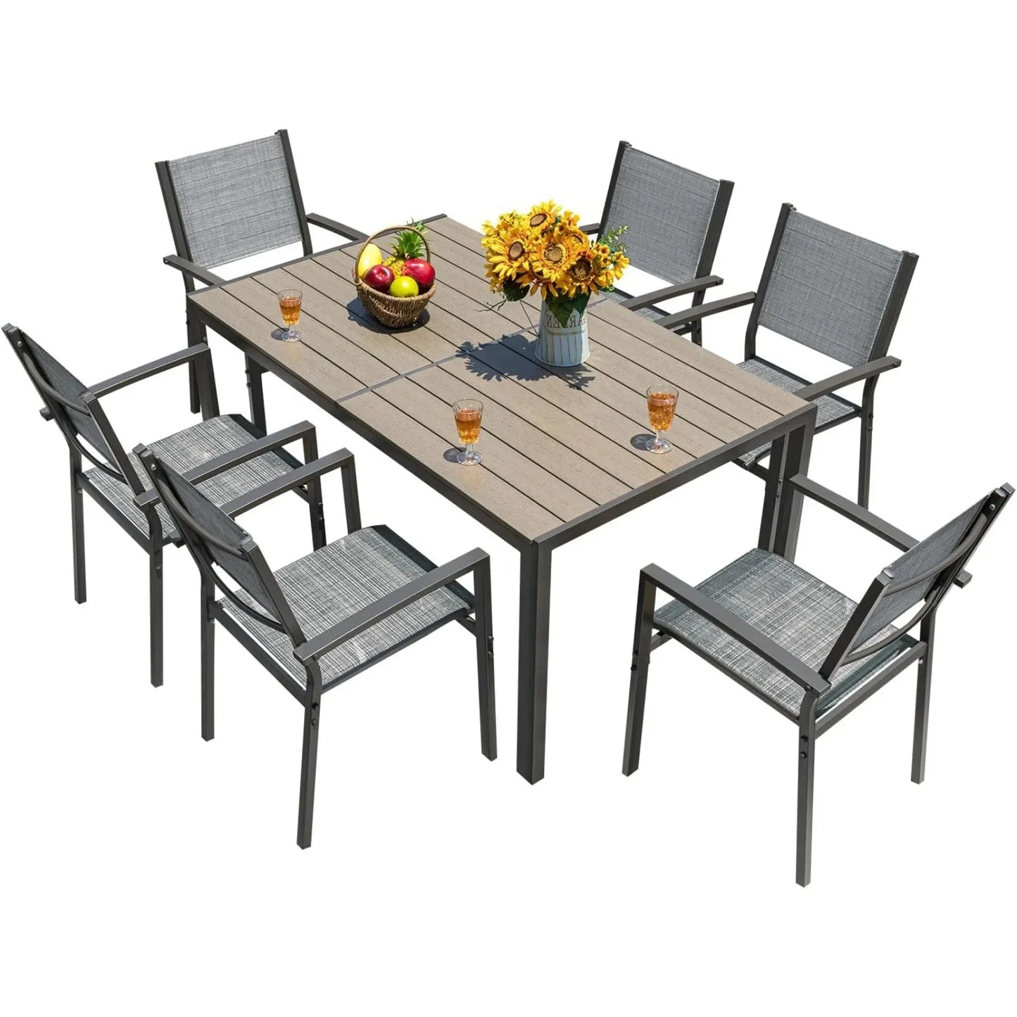 Patio Dining Set 7 Pieces Outdoor Large Table and 6 Textilene Chairs