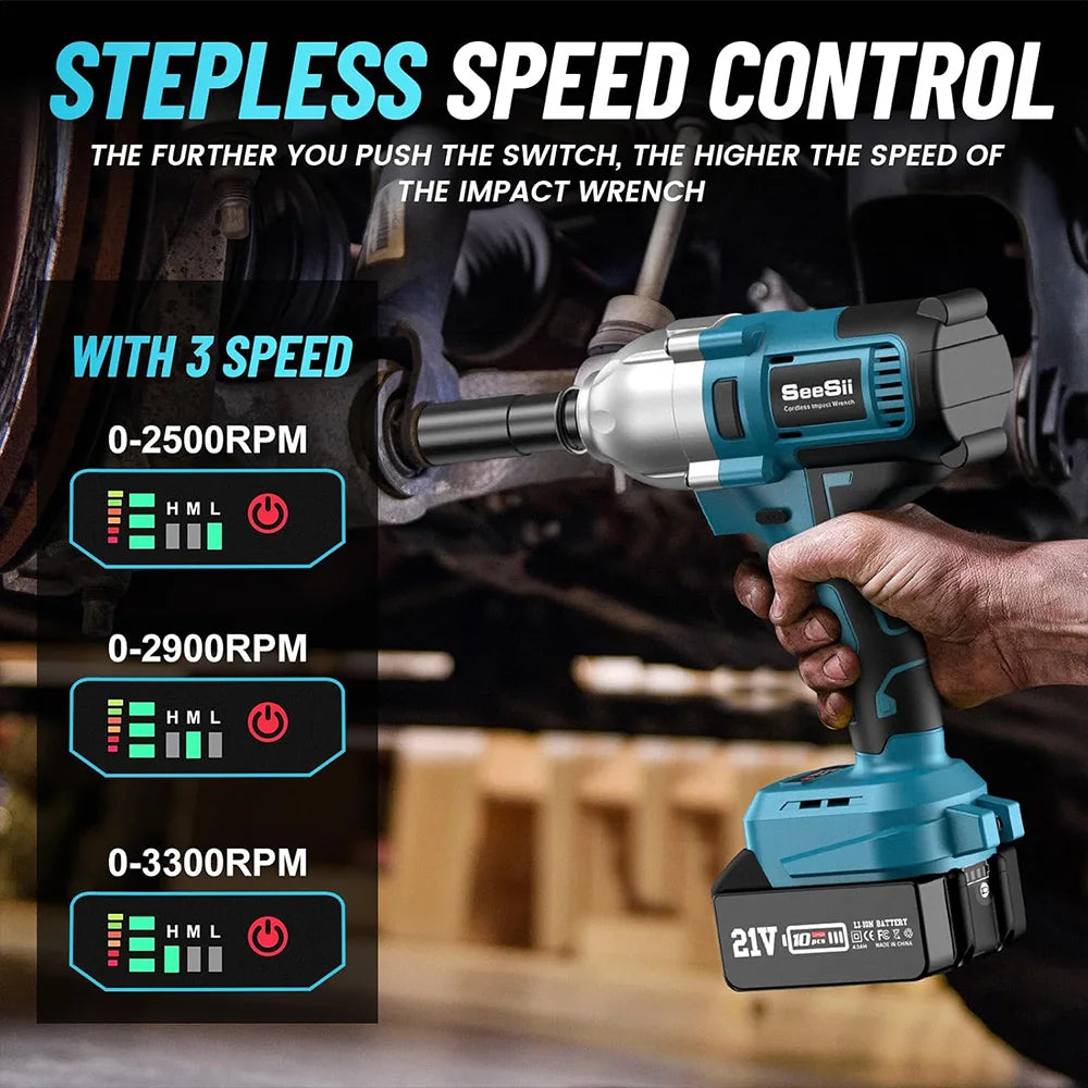SEESII Impact Wrench 1/2'' 900N.m Brushless Electric Wrench Cordless High Torque Gun Car Home Power Tools for Makita 18V Battery