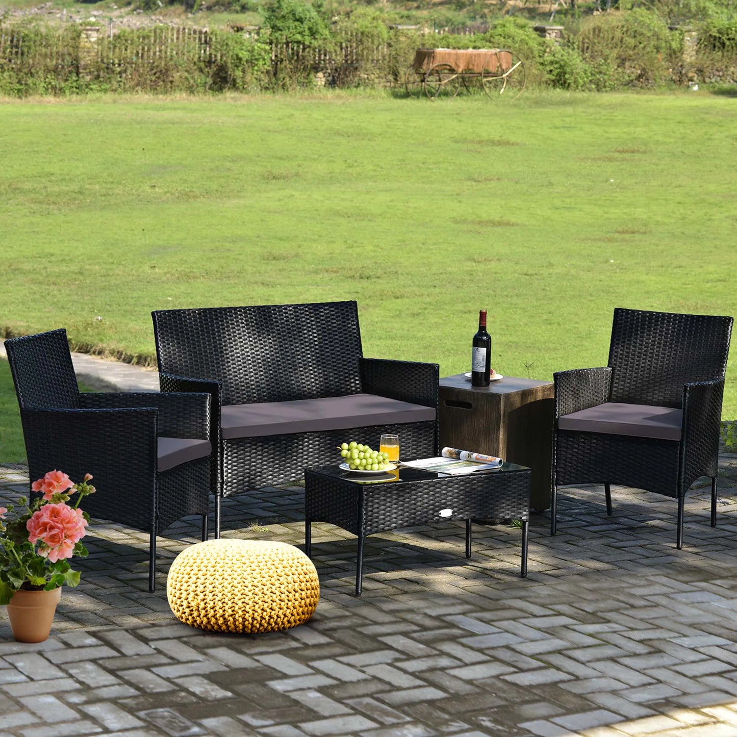4PCS Patio Cushioned Sofa Furniture Set with Coffee Table