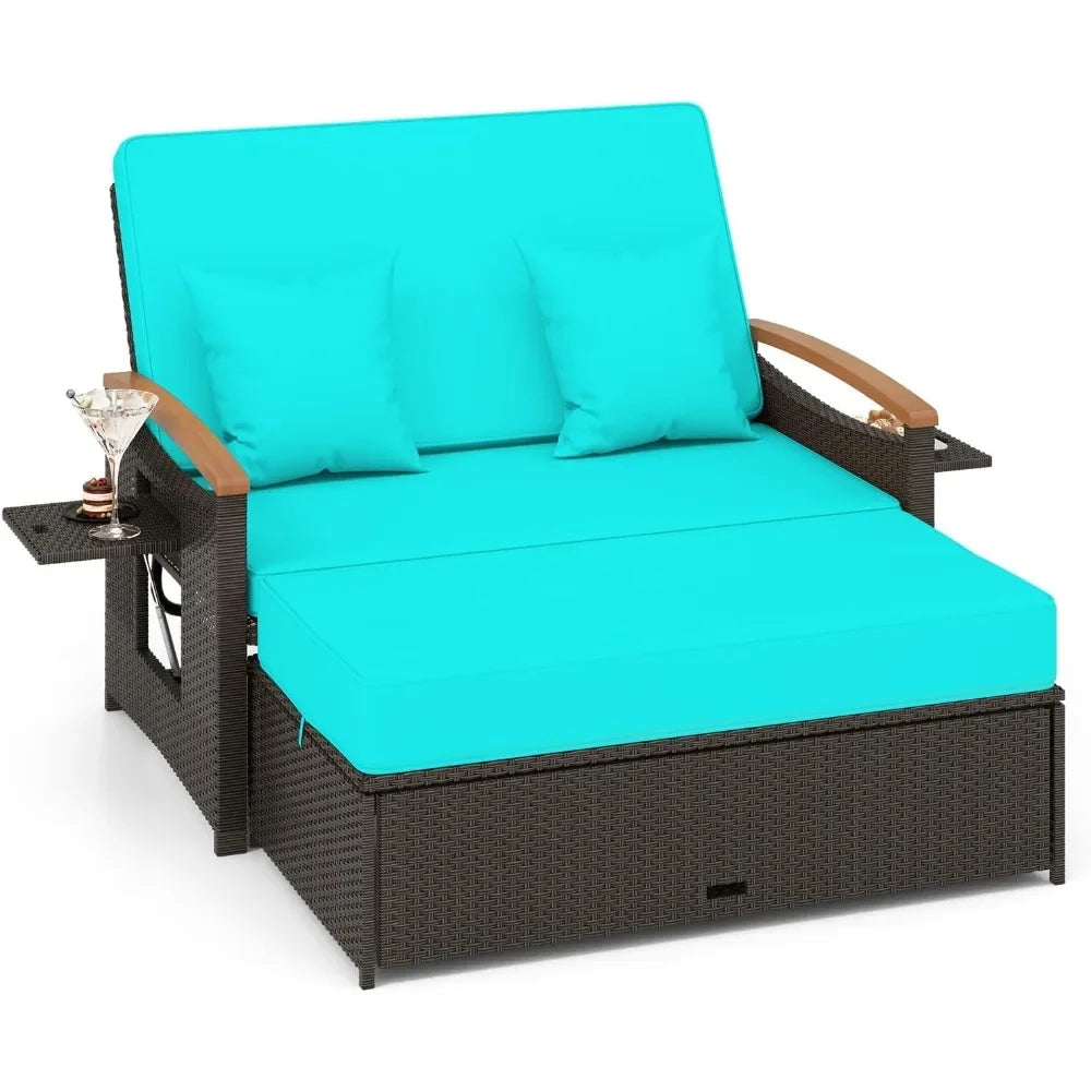 Outdoor willow sofa bed, folding panel, storage stool with comfortable cushion, sun lounge chair on backyard porch
