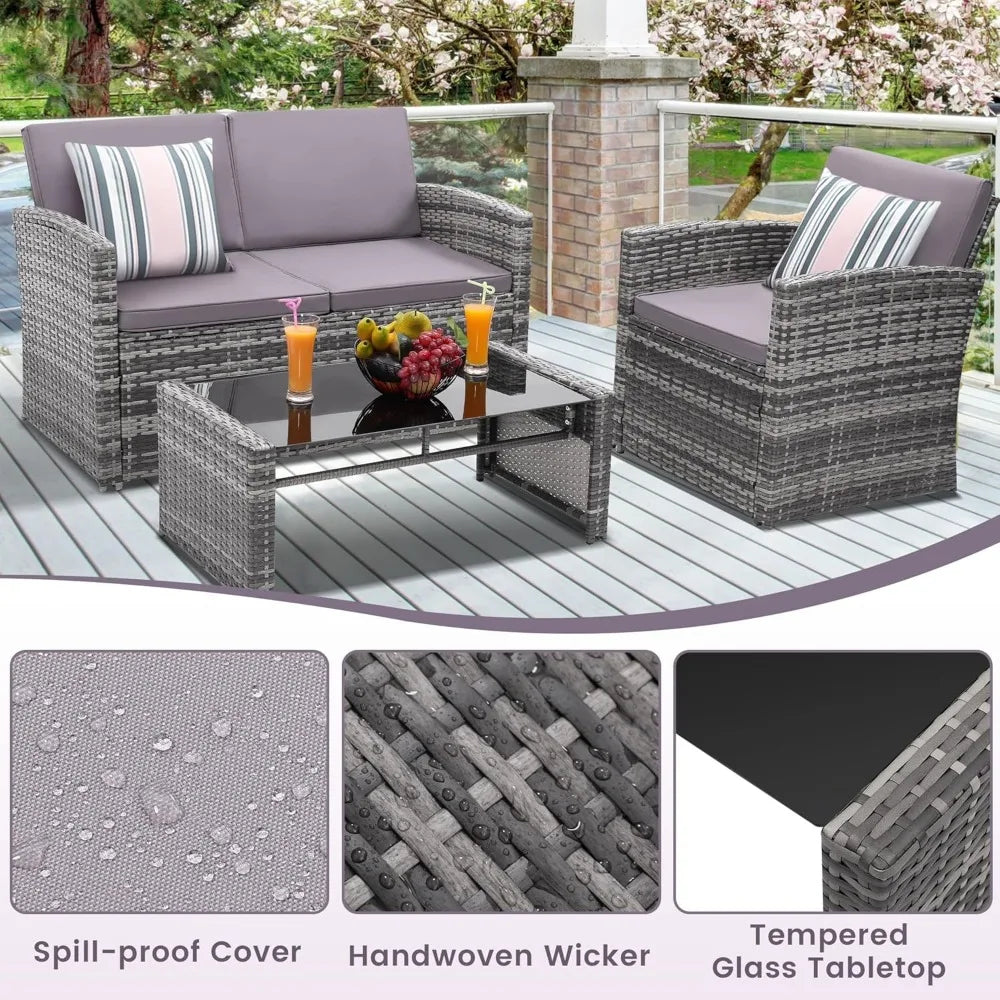 4 Piece Patio Parlor Set, Outdoor Rattan Sectional Sofa with Cushions