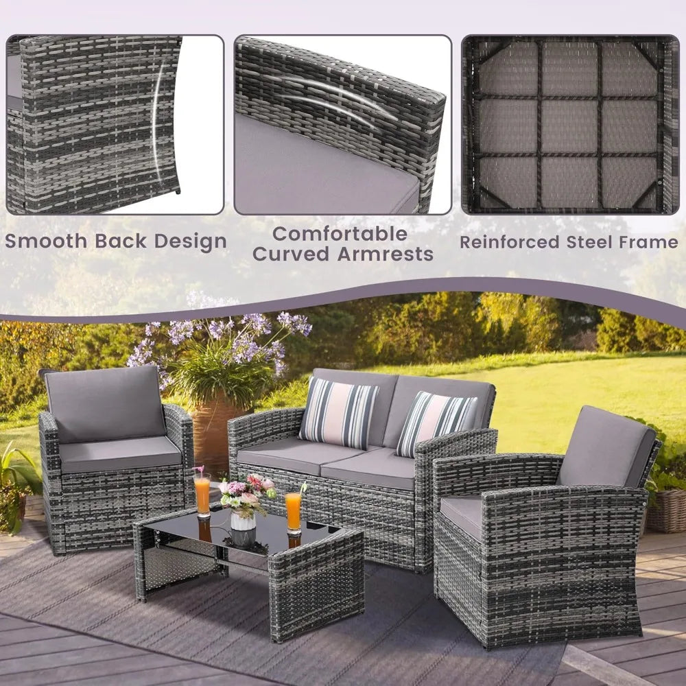 4 Piece Patio Parlor Set, Outdoor Rattan Sectional Sofa with Cushions