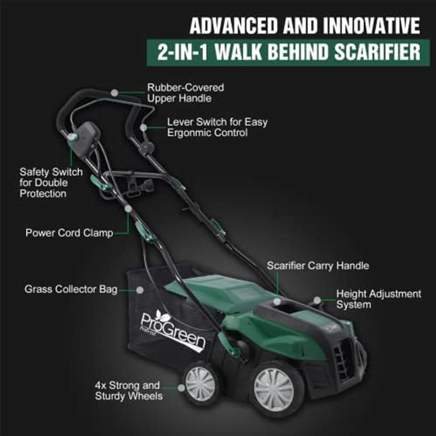 2-in-1 Electric Garden Scarifier & Dethatcher. Lawn Aerator with Detachable Bag