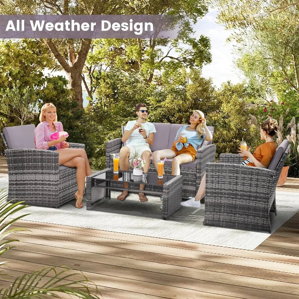 4 Piece Patio Parlor Set, Outdoor Rattan Sectional Sofa with Cushions