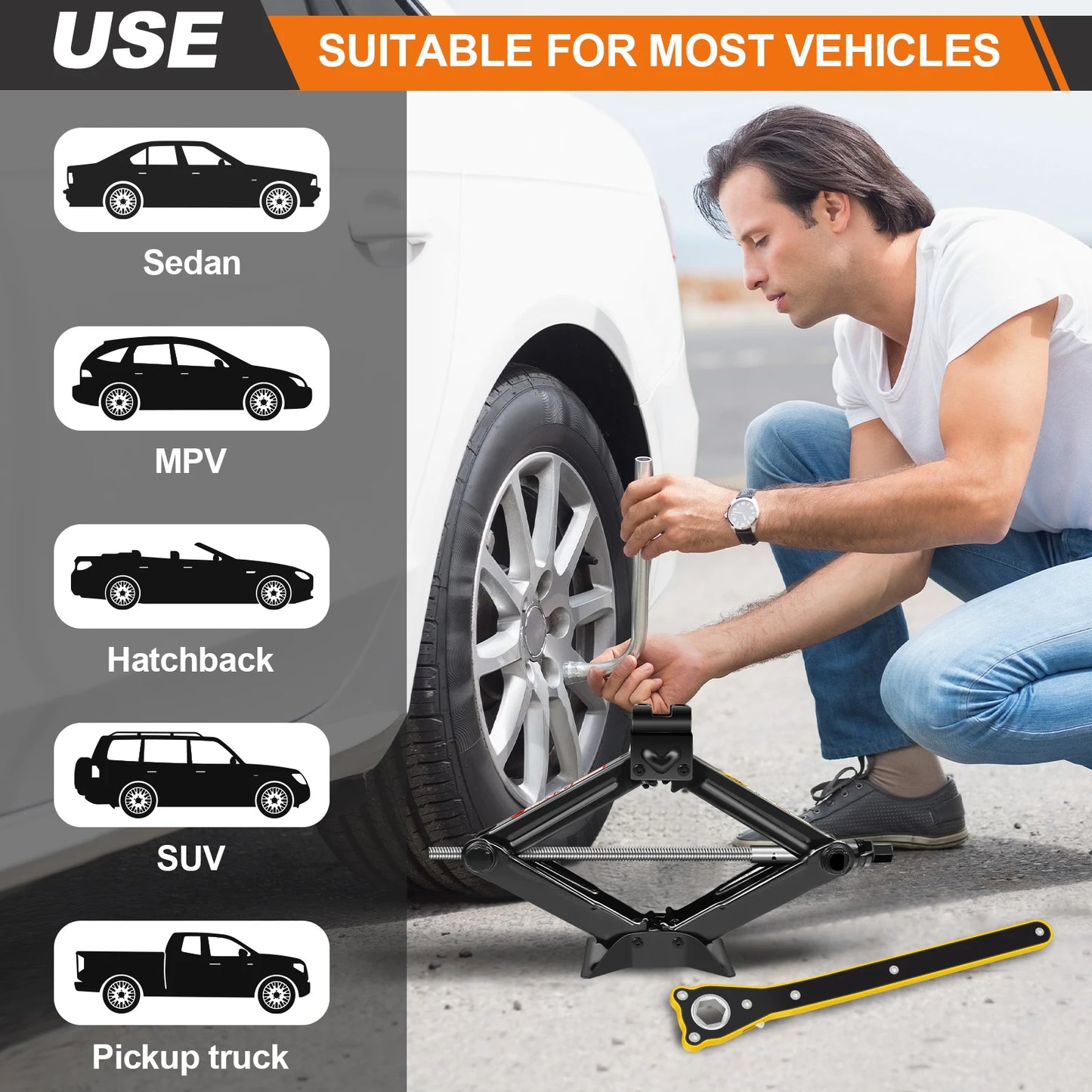 Car Scissor Jack 2T Repair & Tire Replacement Tool with Wrench