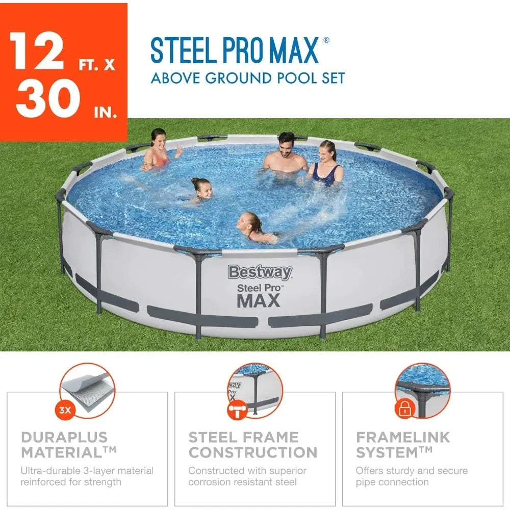 Outdoor Swimming Pool, 12 Foot X 30 Inch Round Metal Frame Above Ground with 330 GPH Filter Pump